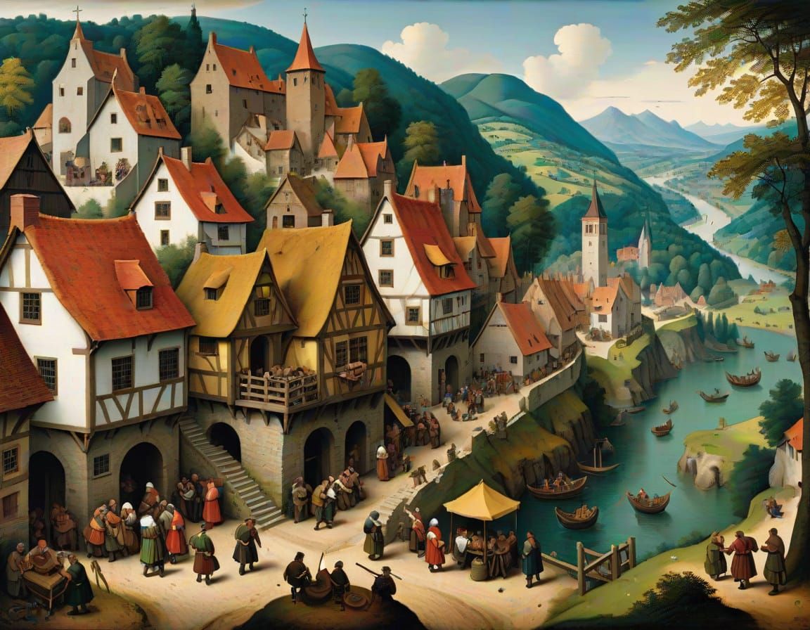 Rustic Village Life in Bruegel's Style