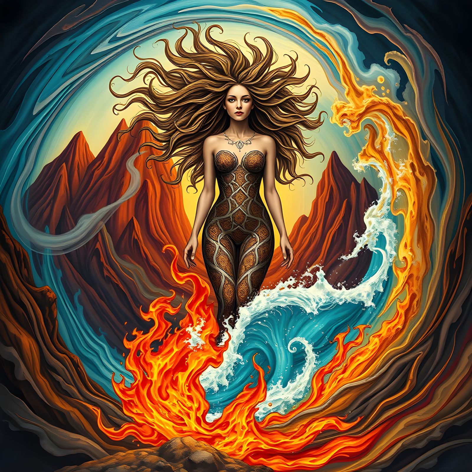 Surreal Elemental Balance in Vibrant Colors