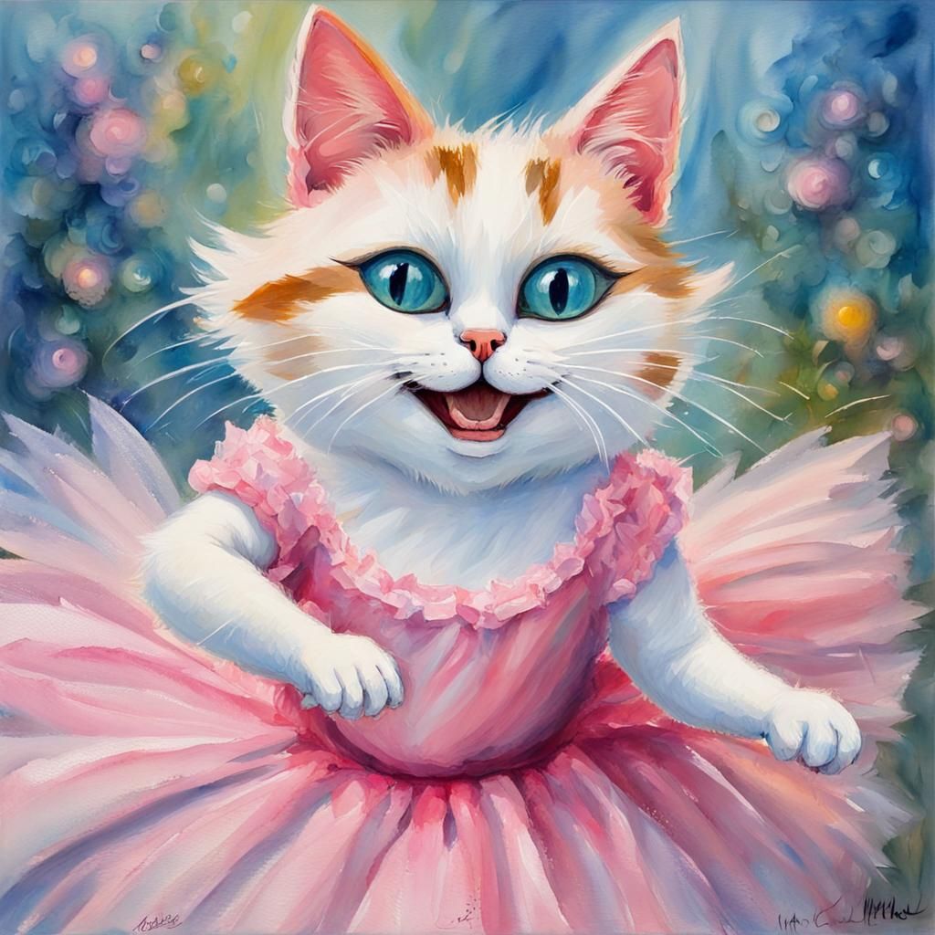 Laughing Ballerina Cat in Gouache Watercolor Style