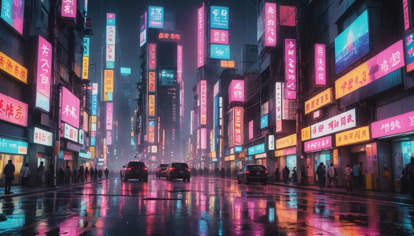 Neon Tokyo Mosaic: Glowing Cubist Cityscape