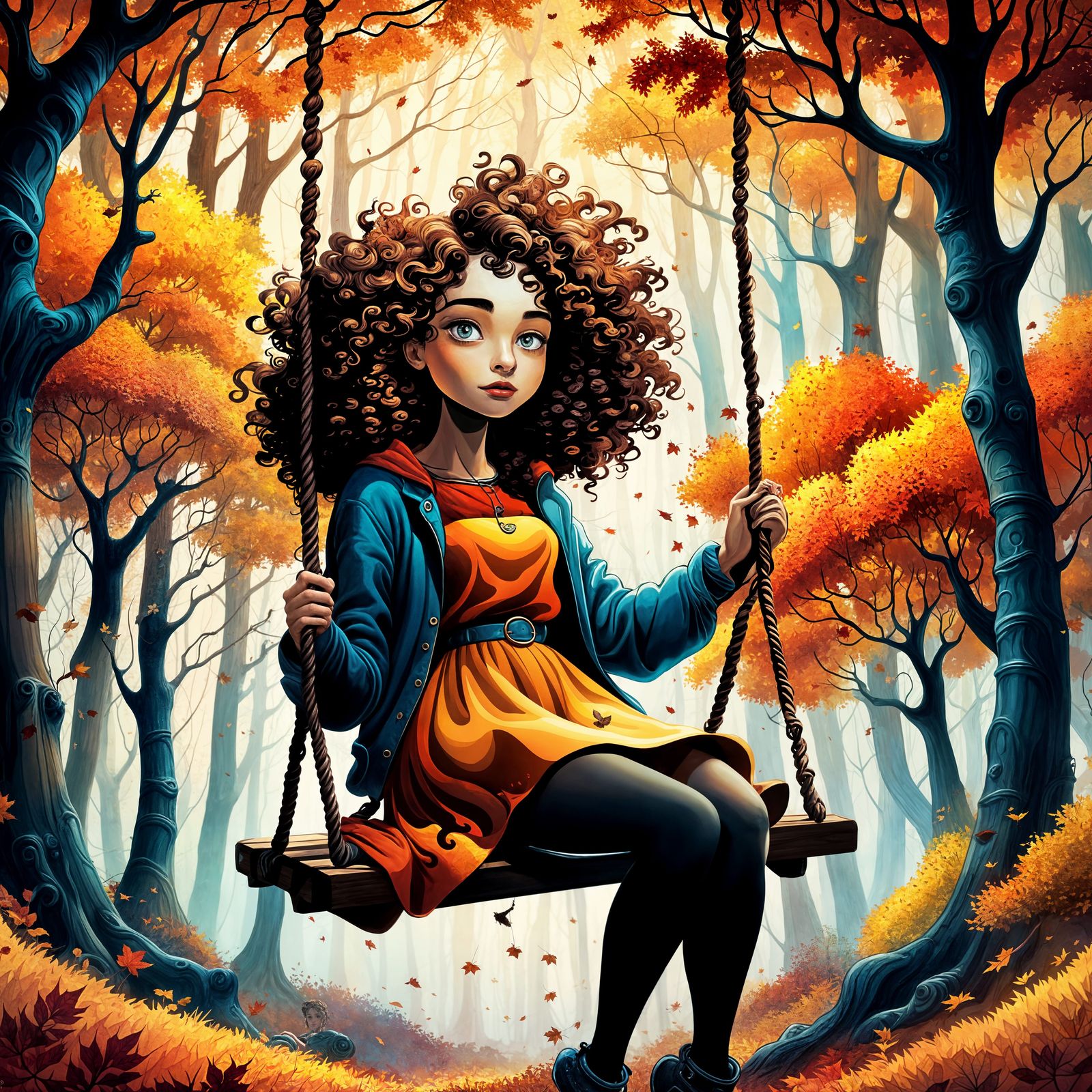 Girl on Swing in Autumn Forest, Comic Book Art