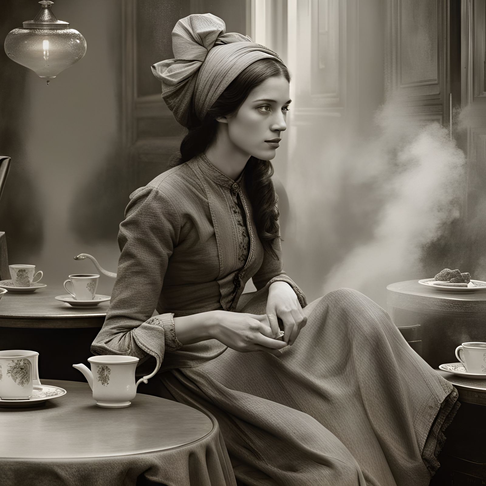 Elegant Woman Having Tea: Photorealistic Portrait