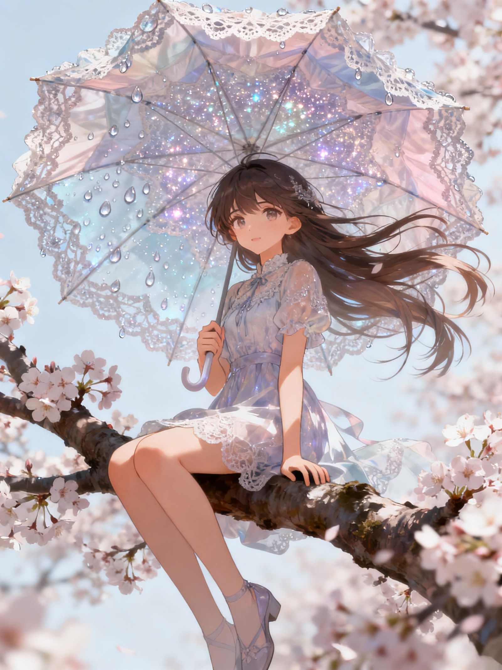 Anime Girl with Lace Parasol Among Cherry Blossoms
