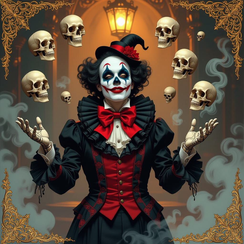 Skeleton Clown Juggling Skulls in Art Nouveau Style