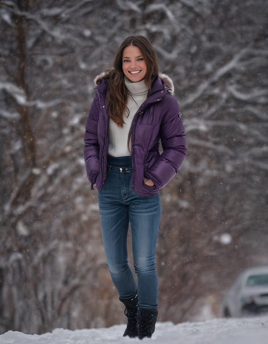 Woman in Puffer Jacket Walking in Heavy Snow