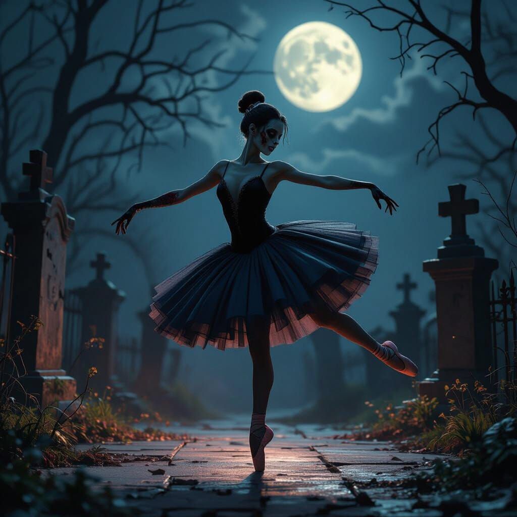 Zombie Ballerina Dances in Moonlit Graveyard