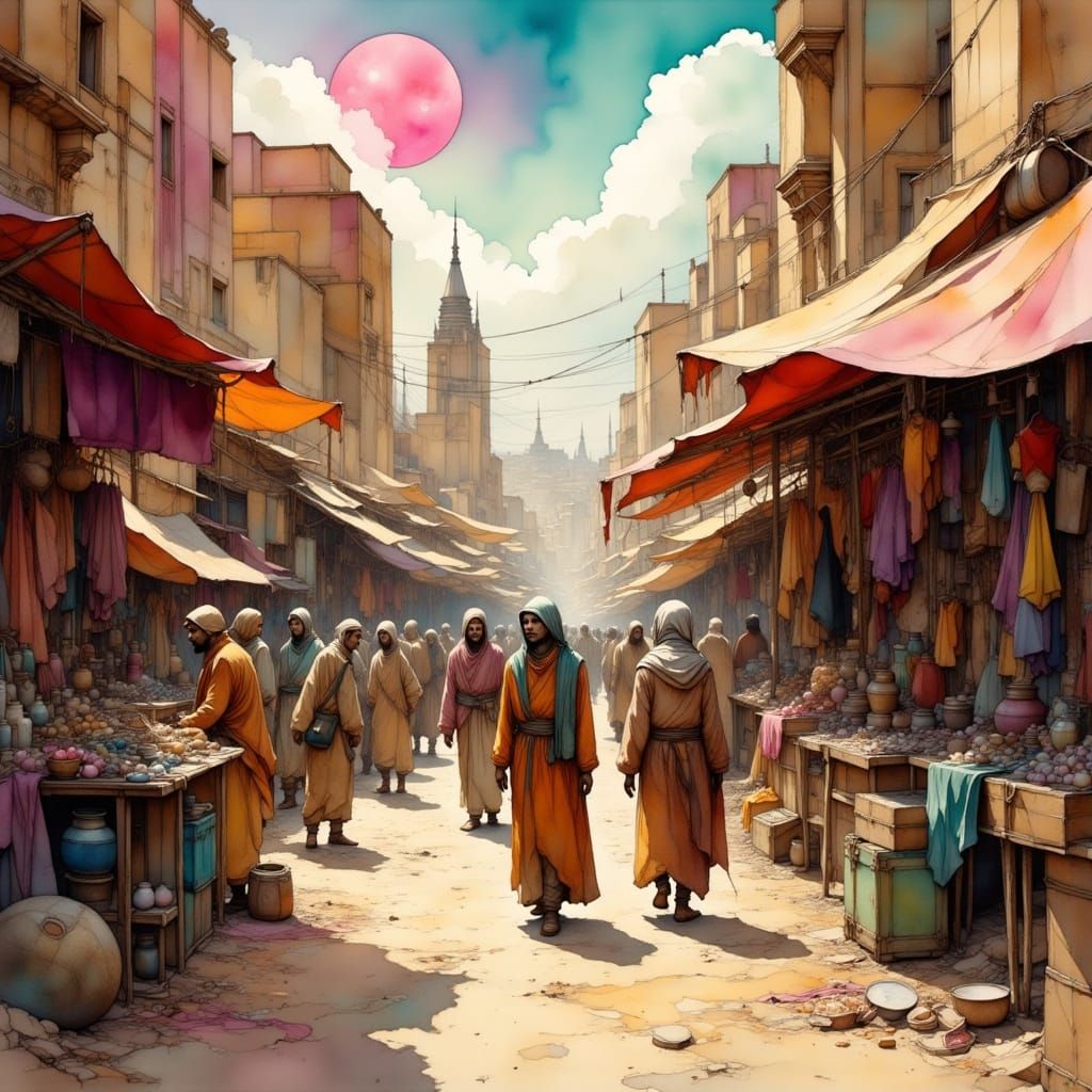 <lora:Flux - Painterly:1.0> <lora:Liquid Ink Flux:1.0> <lora:Ink Poet:1.0> Bustling, sun‑blasted bazaar on a desert worl...