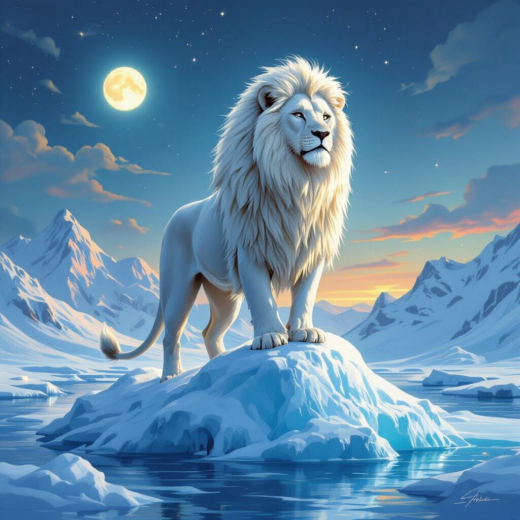 Arctic Lion on Iceberg in Oil Painting Style