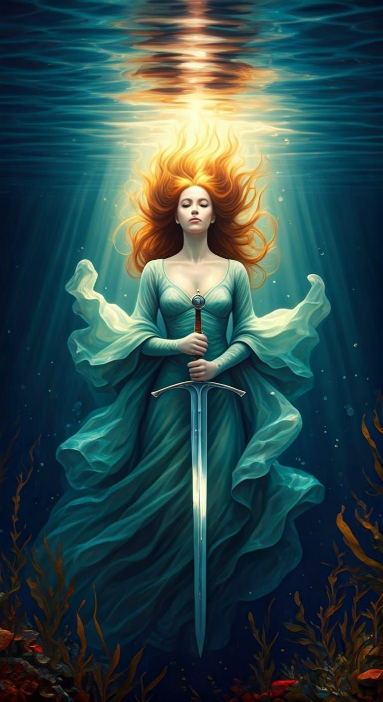 Lady of the Lake with Excalibur in Ethereal Oil Painting