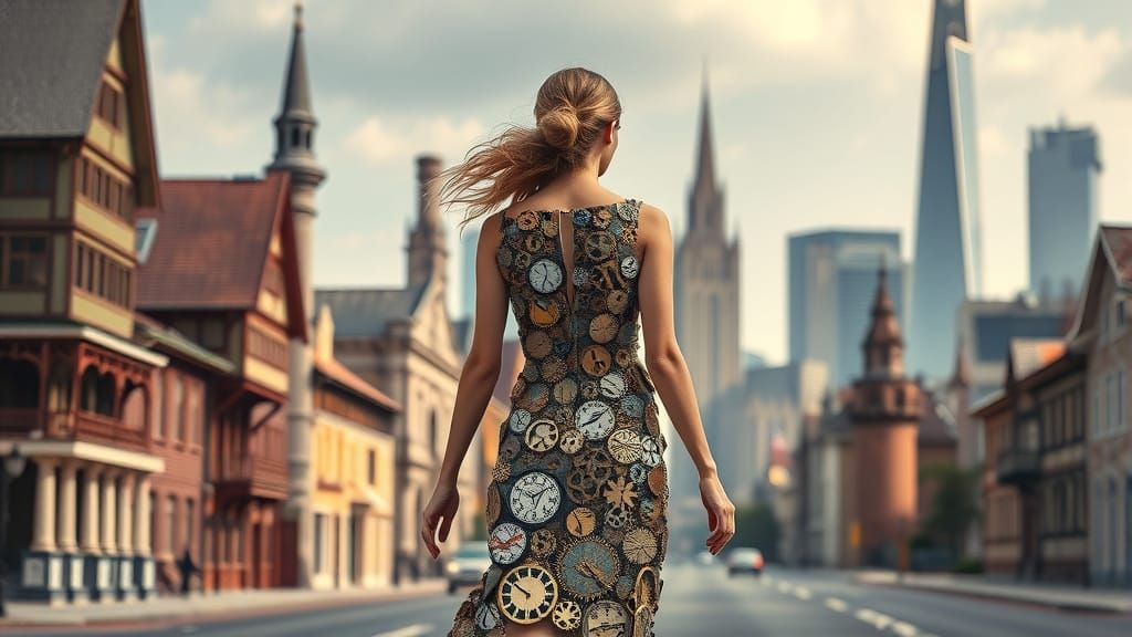 Clockwork Dress in Timeless Cityscape