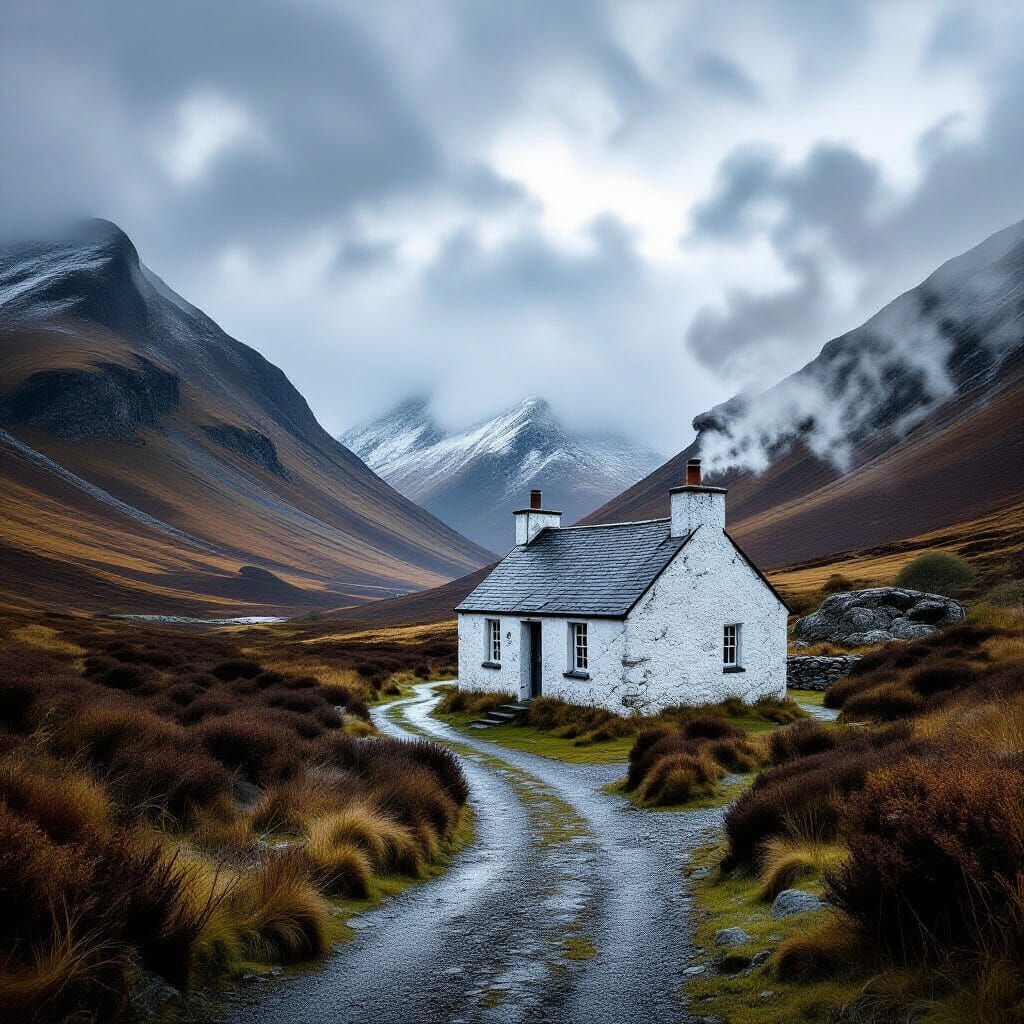 Isolated Cottage in Glen Coe, Black and White Landscape