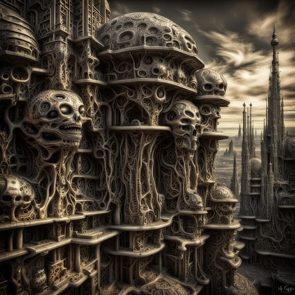 Psychedelic Biomechanical City Landscape in Giger Style