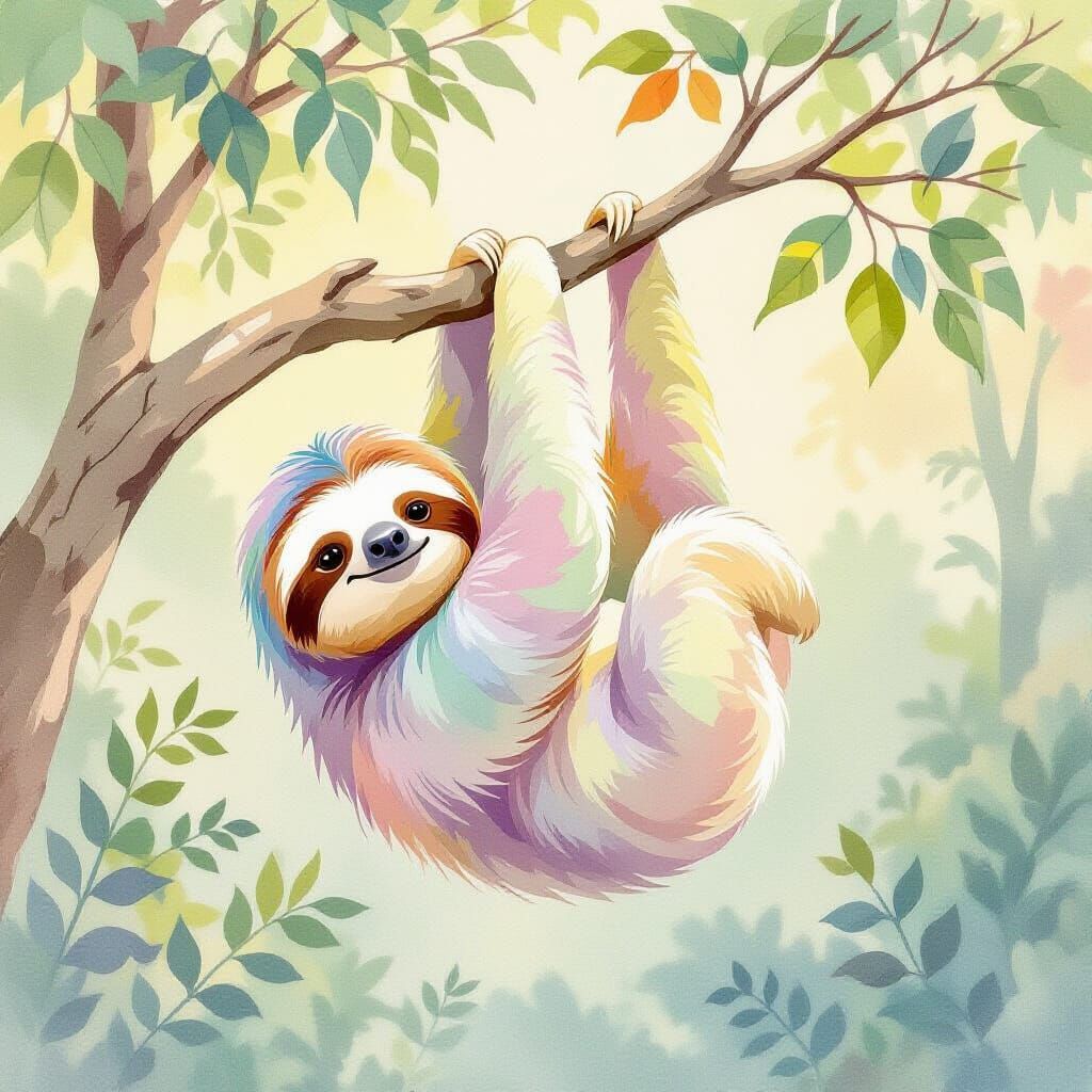 Whimsical Watercolor Sloth in Enchanted Forest