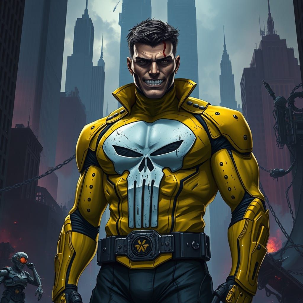 The Punisher in a Vibrant Yellow Lantern Suit Amidst a Gothi...