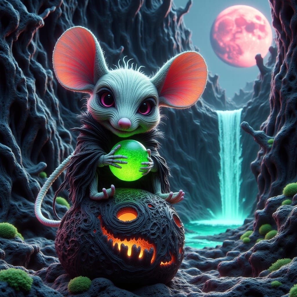 Skeletal Chibi Mouse With Glowing Orb in Dark Whimsical Styl...