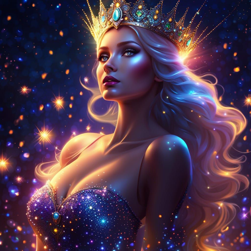 Radiant Queen with Glittering Aura in Fantasy Setting