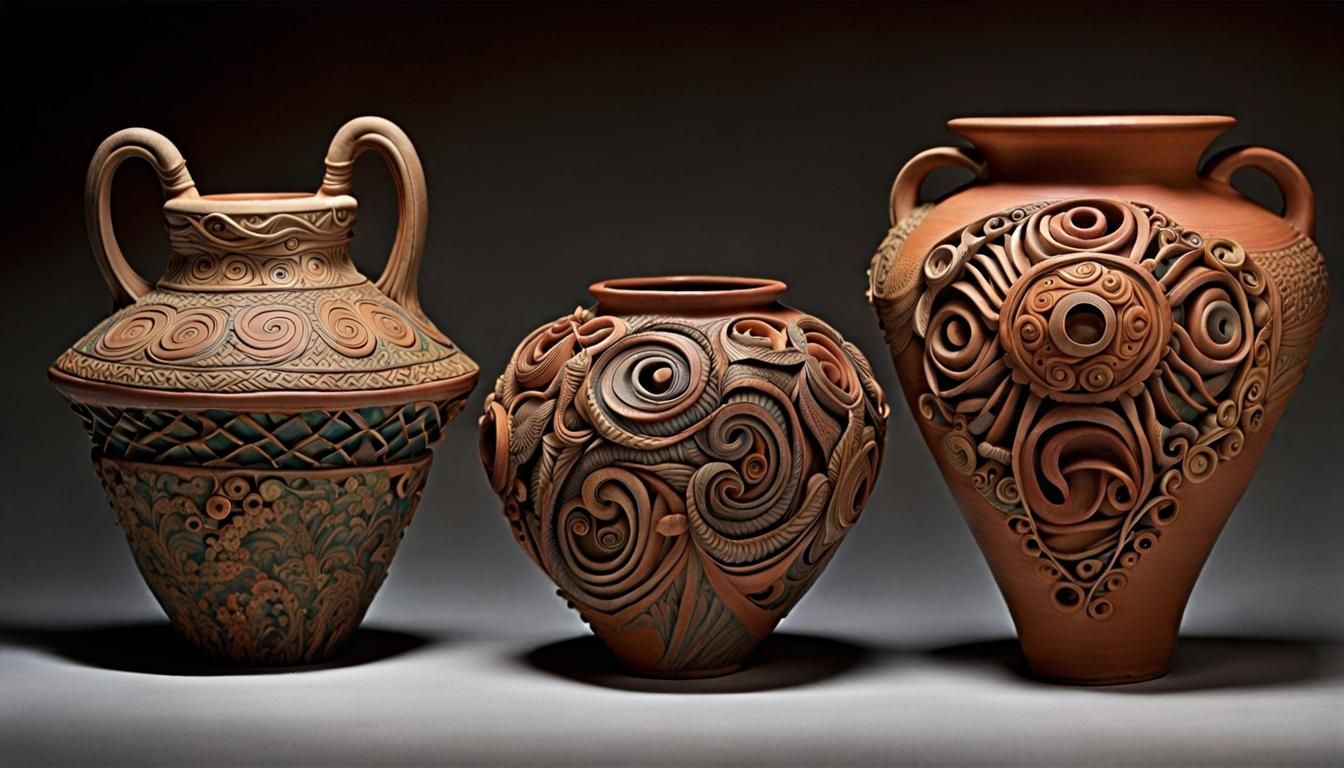 Etruscan-Inspired Eccentric Clay Pottery, Detailed Ceramic A...