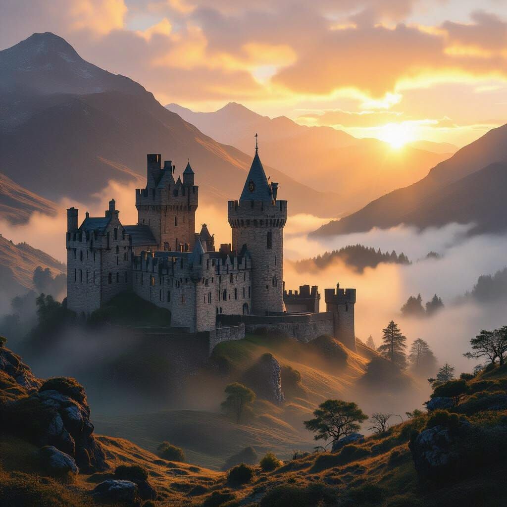 Majestic Scottish Castle at Sunrise in Ethereal Glow