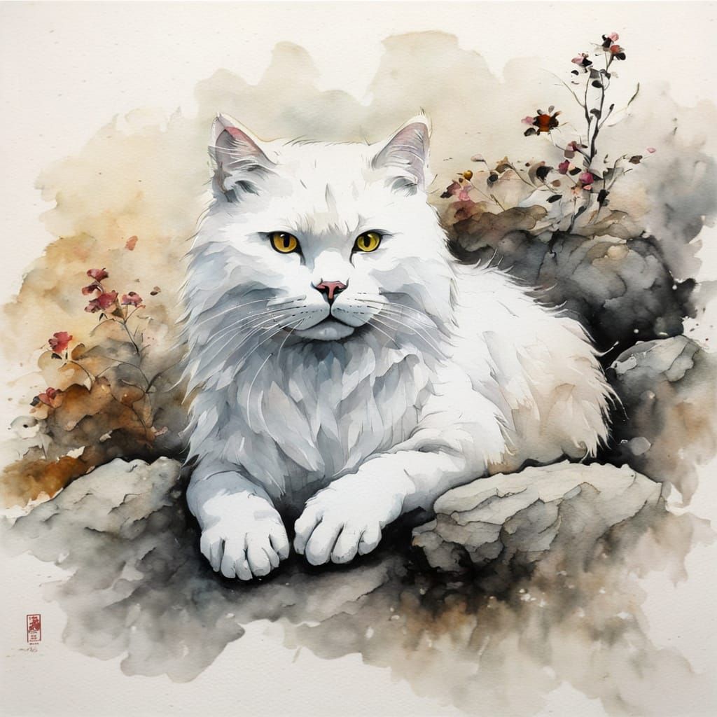 Whimsical White Cat in Majestic Chinese Ink