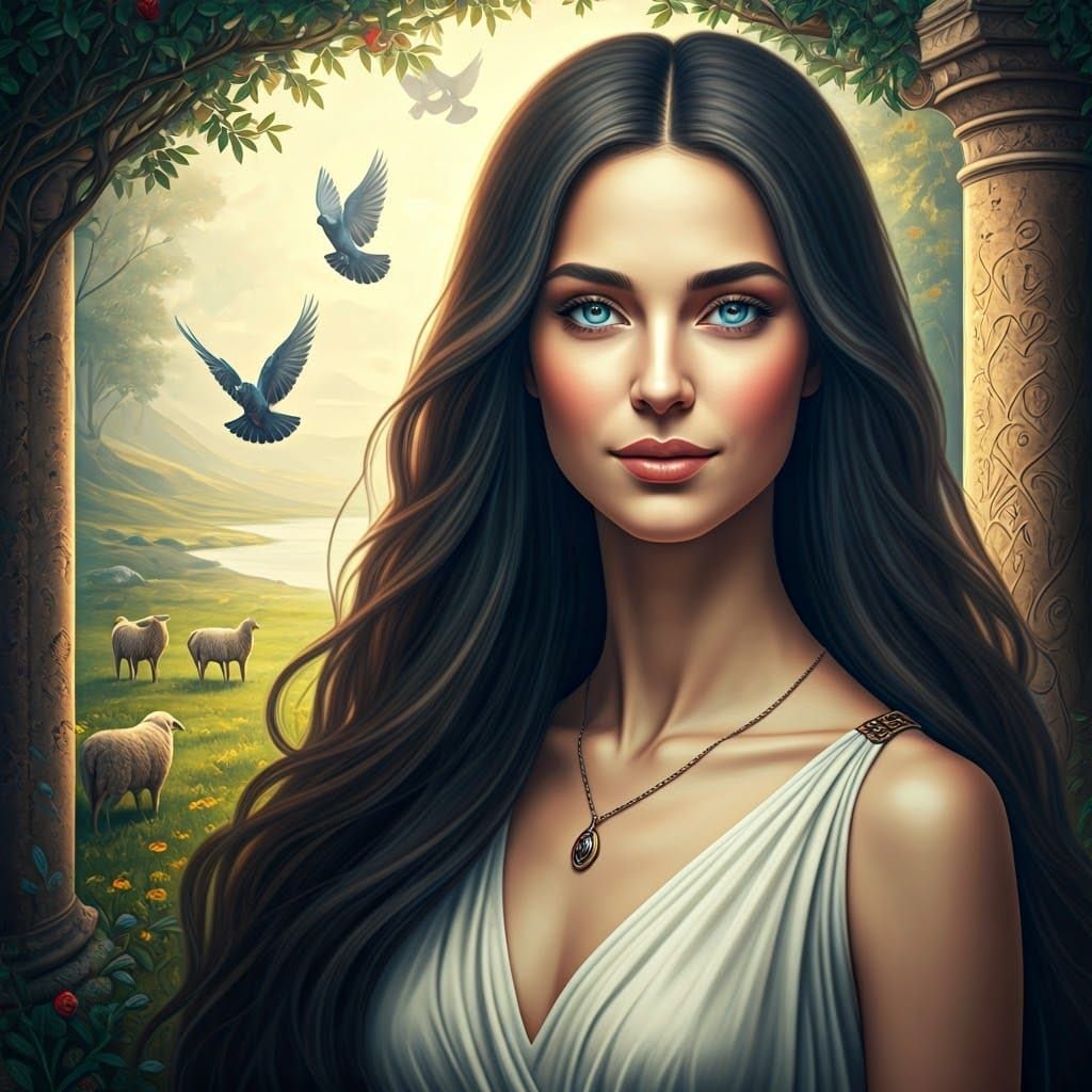 Regal Woman in Serene Landscape, Surrounded by Symbolic Crea...