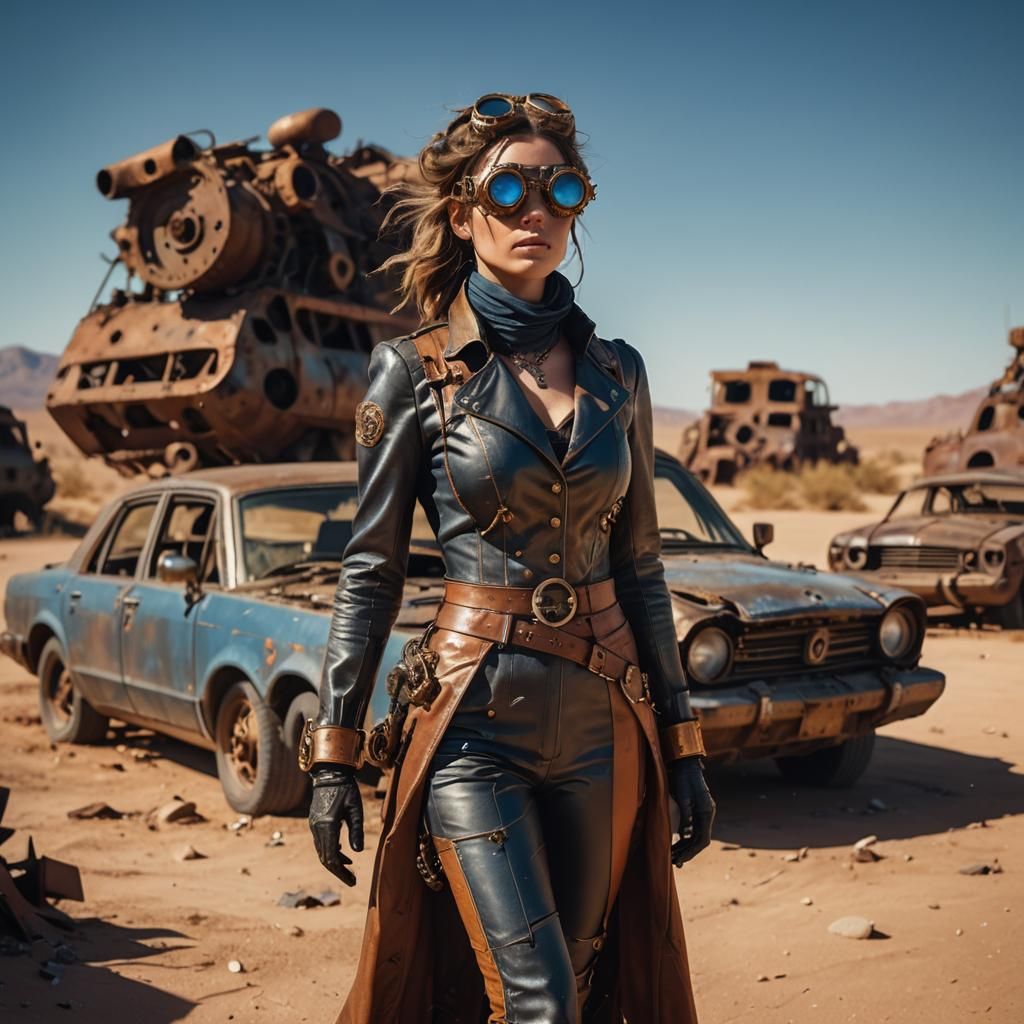 Steampunk Woman in Abandoned Desert: Hyperrealistic Photo