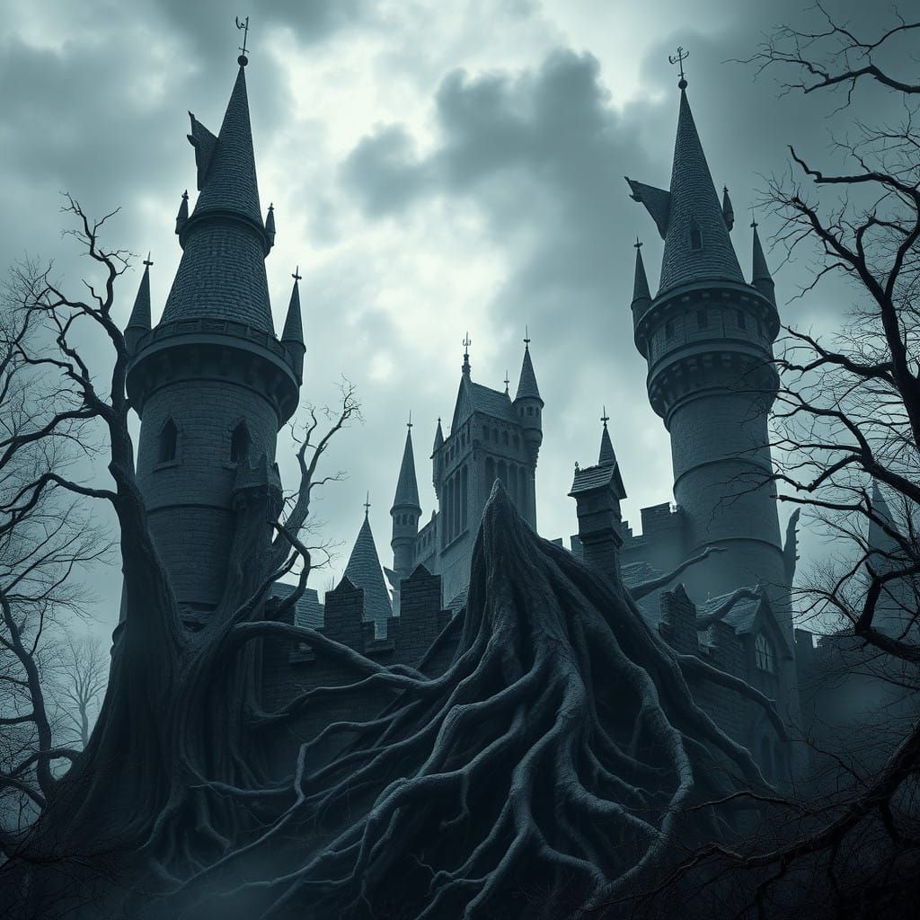 Mysterious Dark Castle in Tangled, Misty Forest