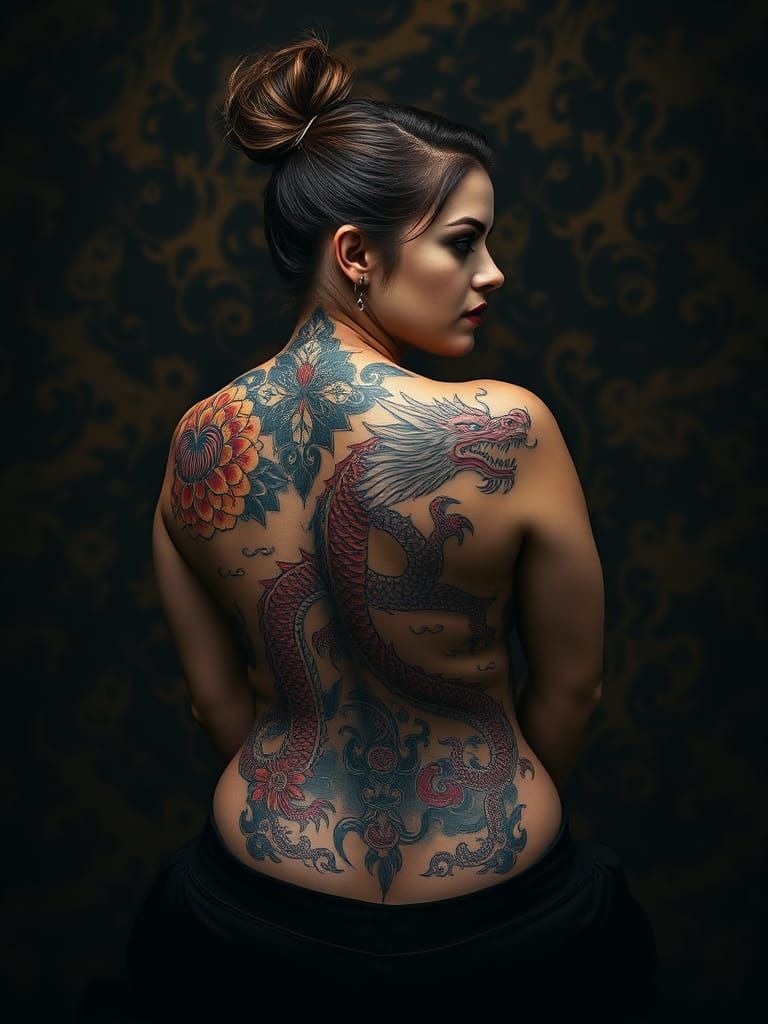 Woman Displays Dragon Tattoo in Moody Fine Art Photo