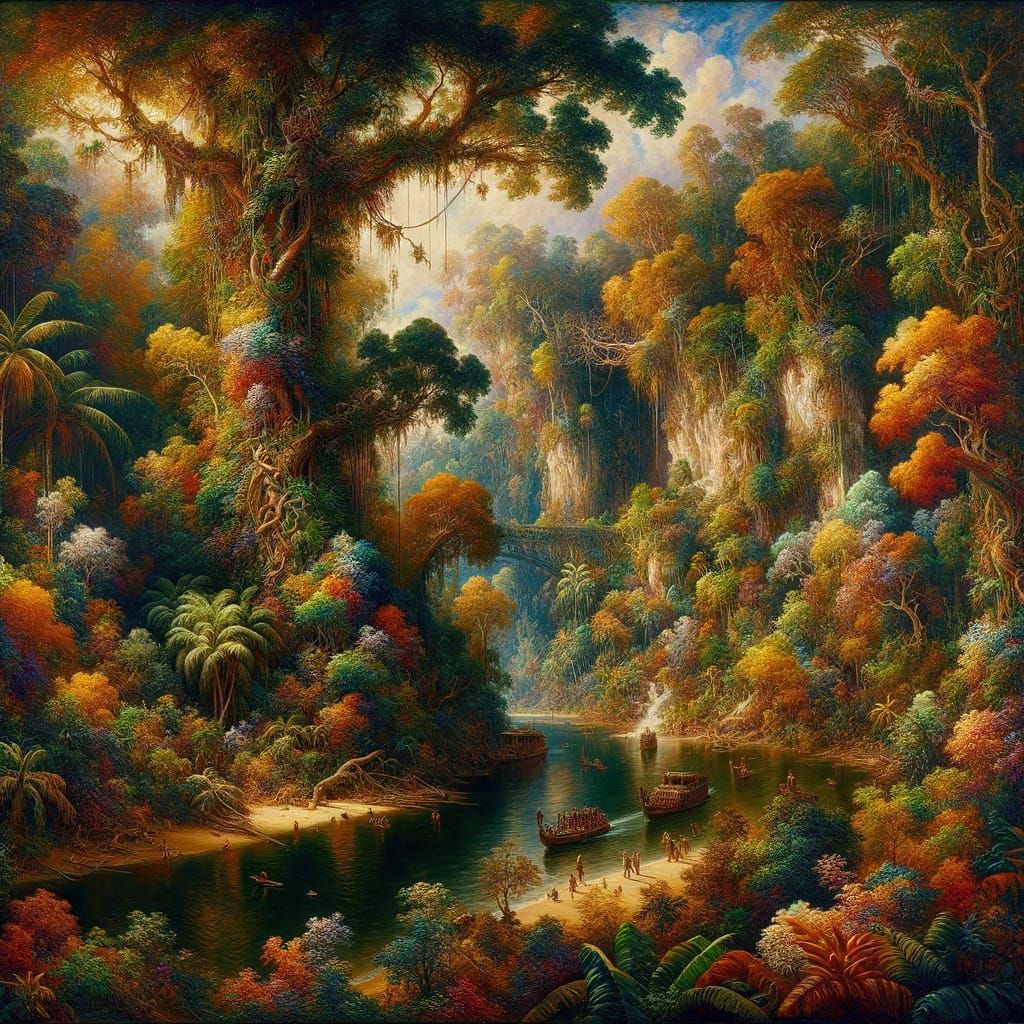 Vibrant Jungle River Landscape as Impasto Oil Painting