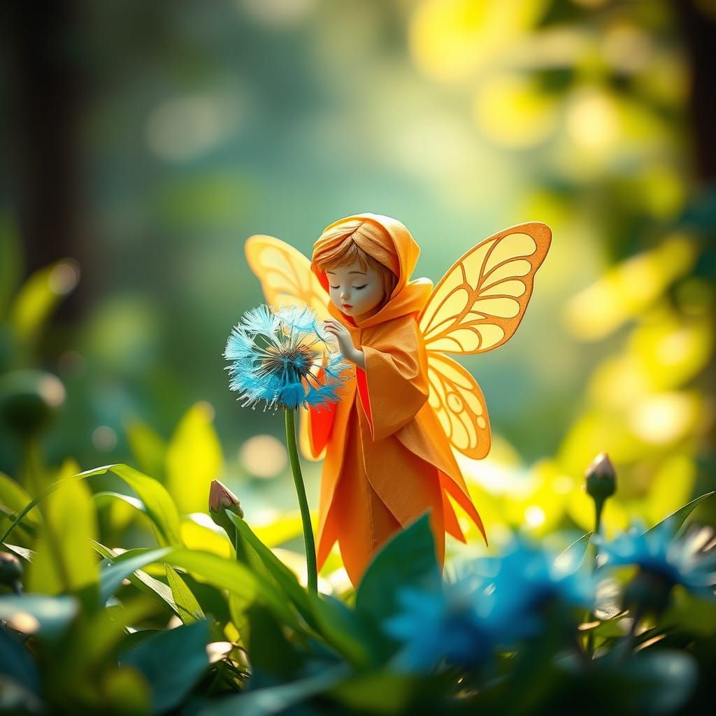 Ethereal Fantasy Fairy Blows on Blue Dandelion in Lush Fores...