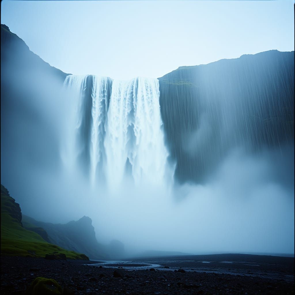 Dramatic Icelandic Waterfall in Torrential Rain