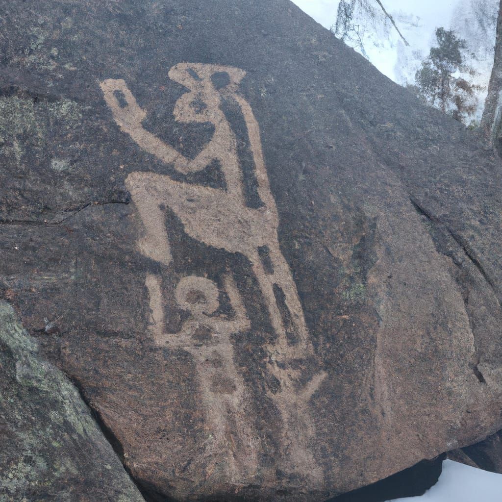 Hunter Gazing at Phone in Scandinavian Petroglyphs