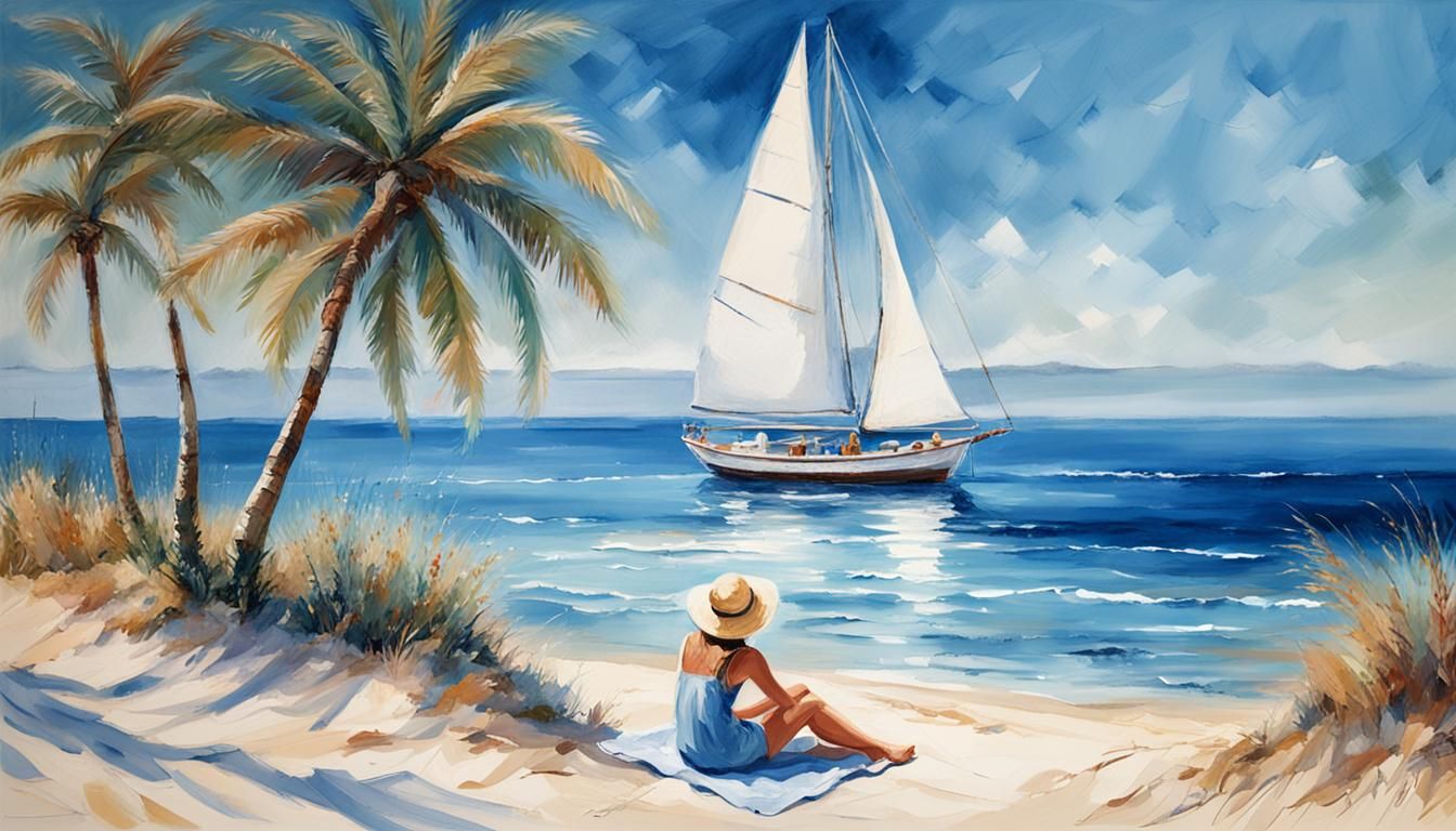 Tropical Beach with Palm Trees, Blue Sea, and Sailboat