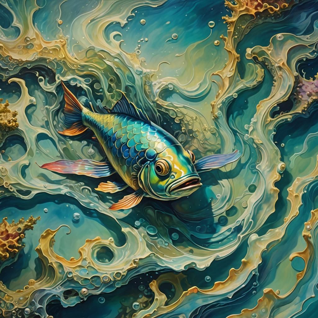 Surreal Strange Fish Swimming in Dreamlike Ocean