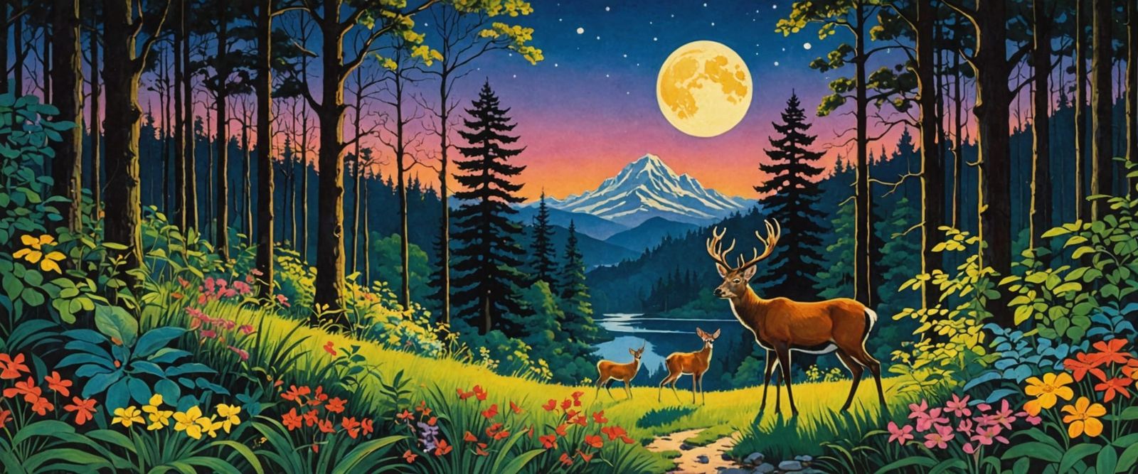 Enchanted Forest Scene with Deer Under Full Moon