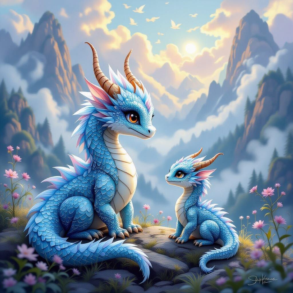 Ice Jeweled Dragon and Mother in Fantasy