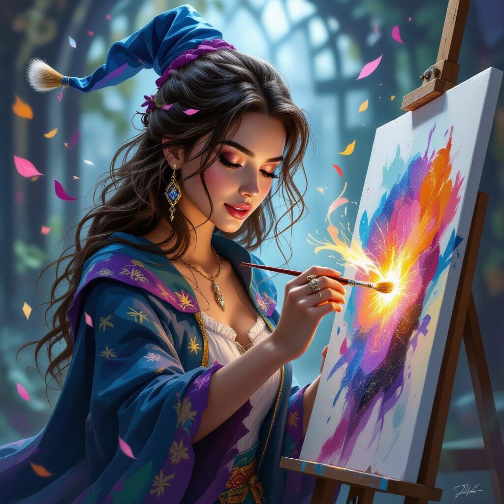 Sorceress Paints Abstract Art with Flying Brushes