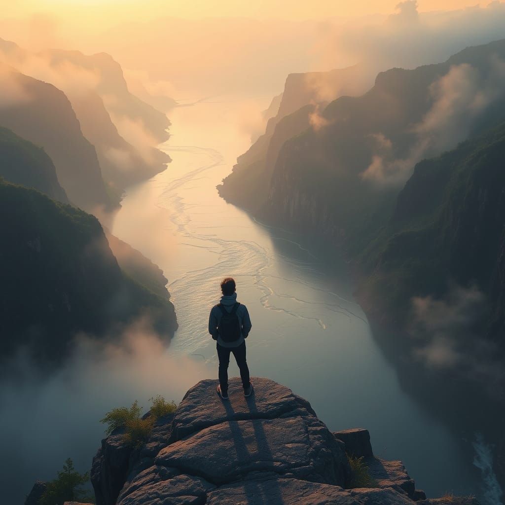 Contemplative Figure Overlooking River at Sunrise