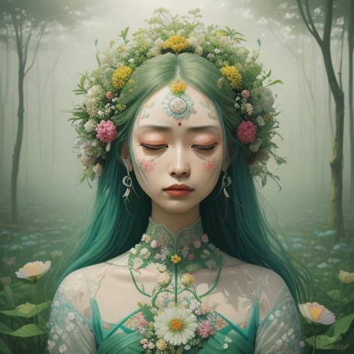 Whimsical Goddess of Blooming Beauty in Vibrant Ethereal Rea...