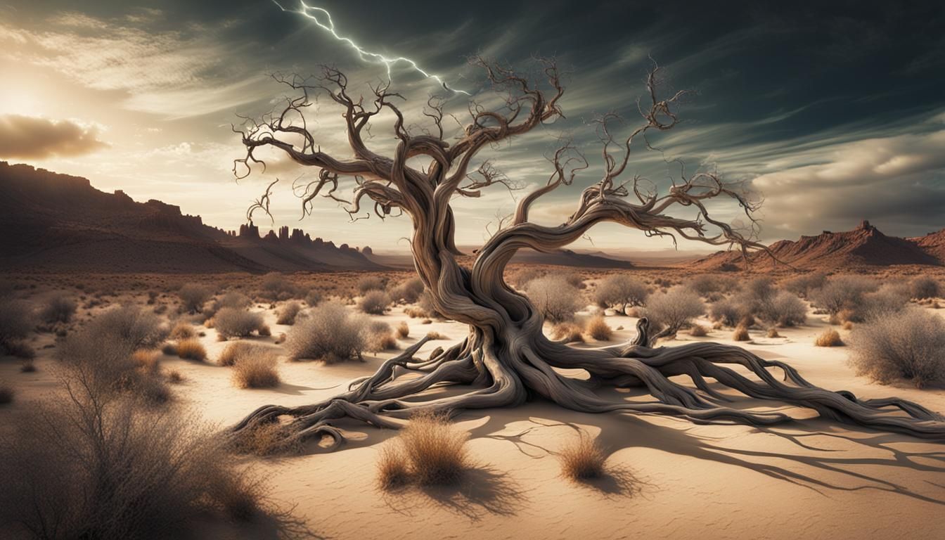 Surreal Desert Oasis: Twisted Tree with Ethereal Glow