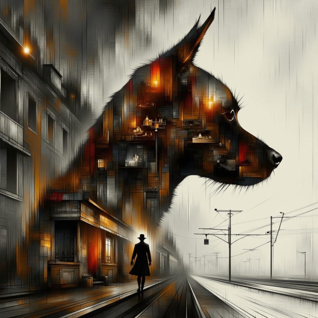 Dogs Silhouetted in an Old Railway Station in Double Exposur...