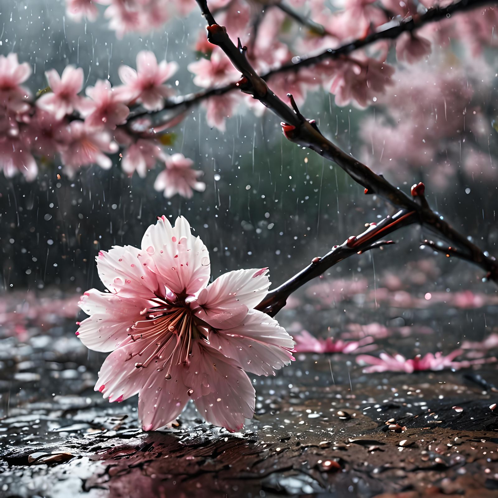 Delicate Sakura Flower in Rain: Matte Painting