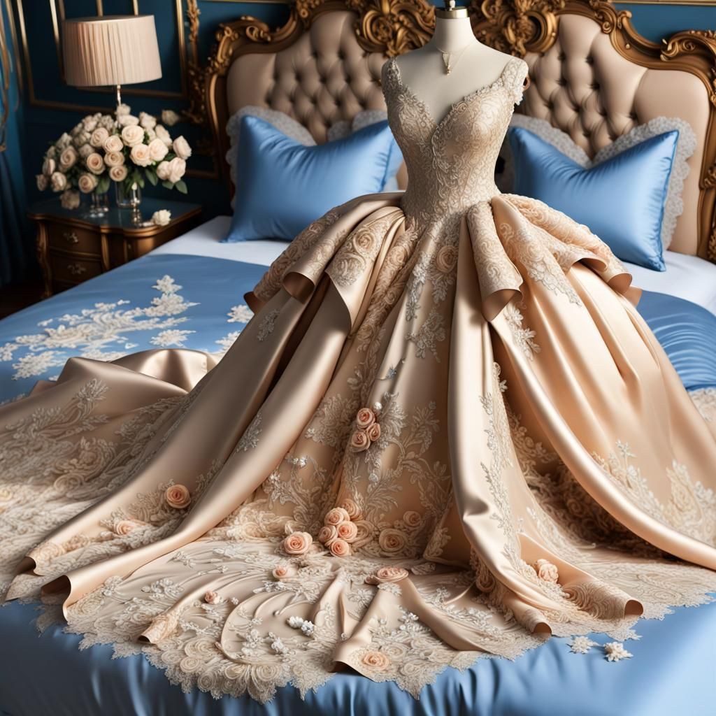 Champagne Ball Gown with Lace on Blue Duvet
