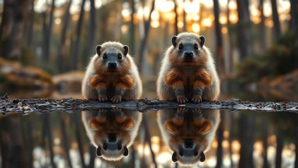 Adorable Hyraxes Reflecting in Forest Pond
