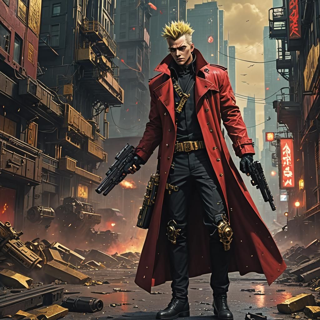 Cyberpunk Gunslinger with Gold Hair and Red Coat