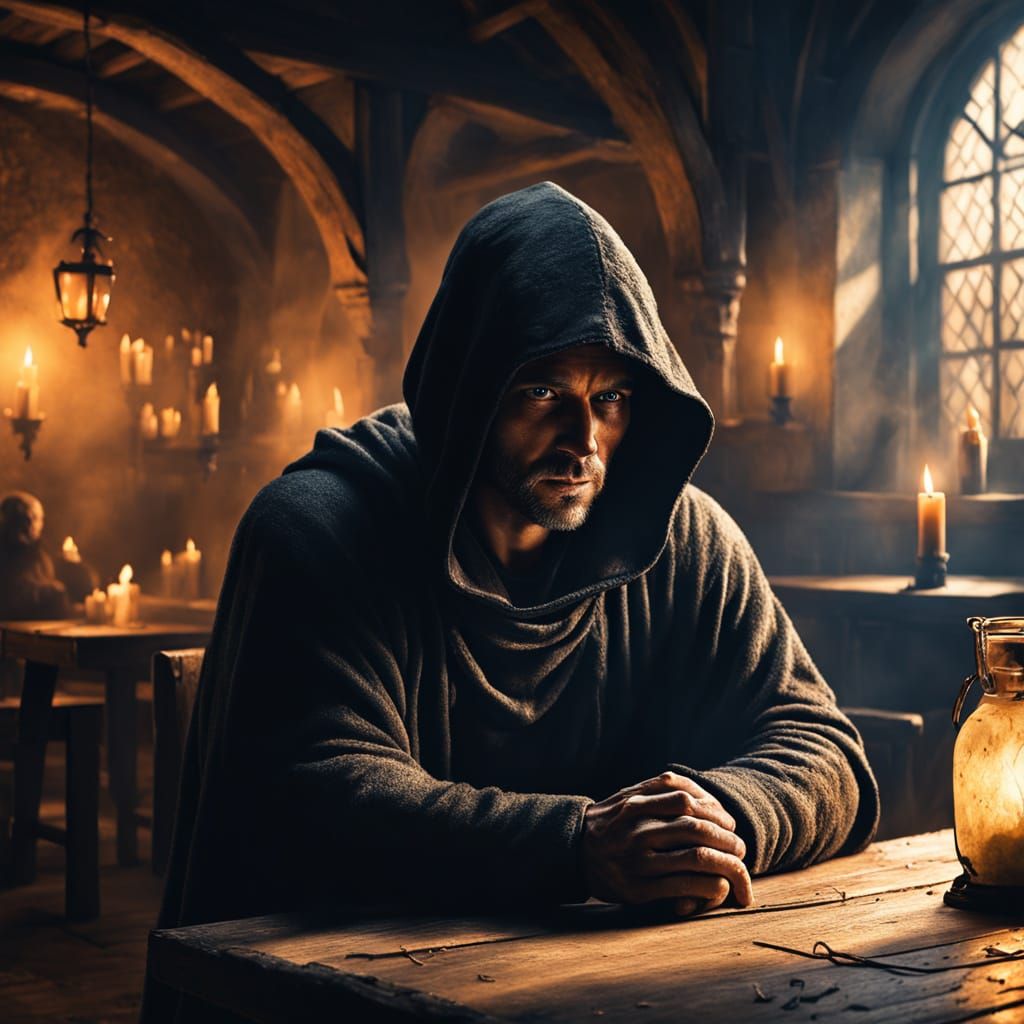 Brooding Man in Smoky Tavern - Dark Fantasy Oil Painting