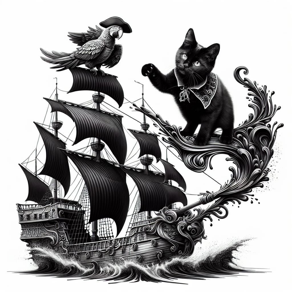 Hyperrealistic Pirate Cat on Elaborate Black-Sailed Ship