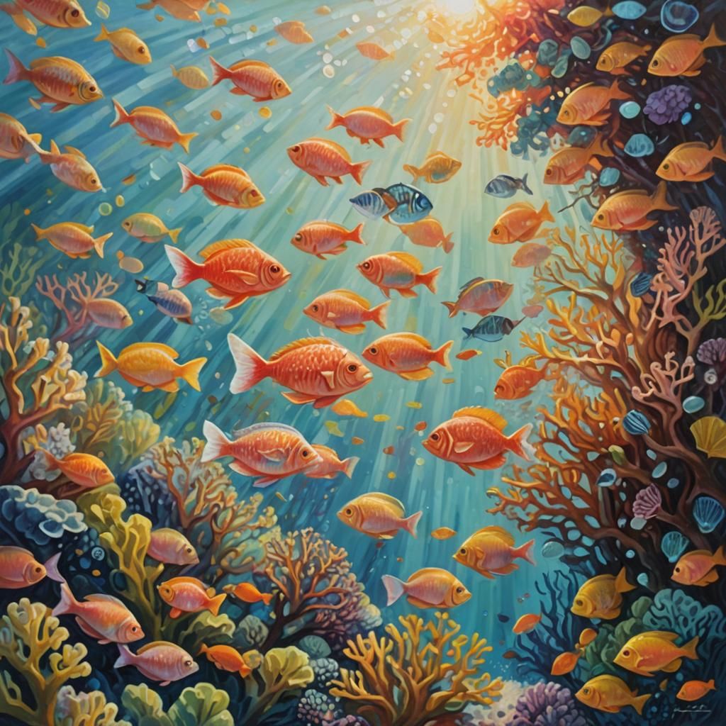 Coral Reef Ecosystem Oil Painting in Rousseau Style