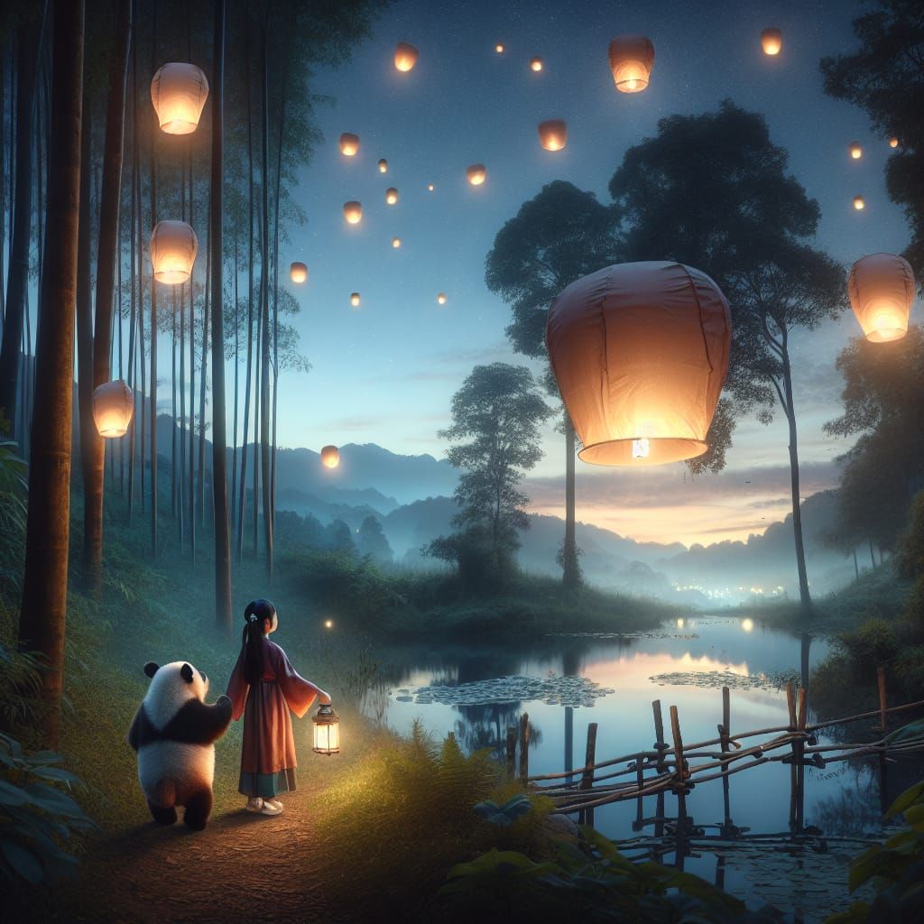 Girl and Panda at Dusk with Floating Lanterns