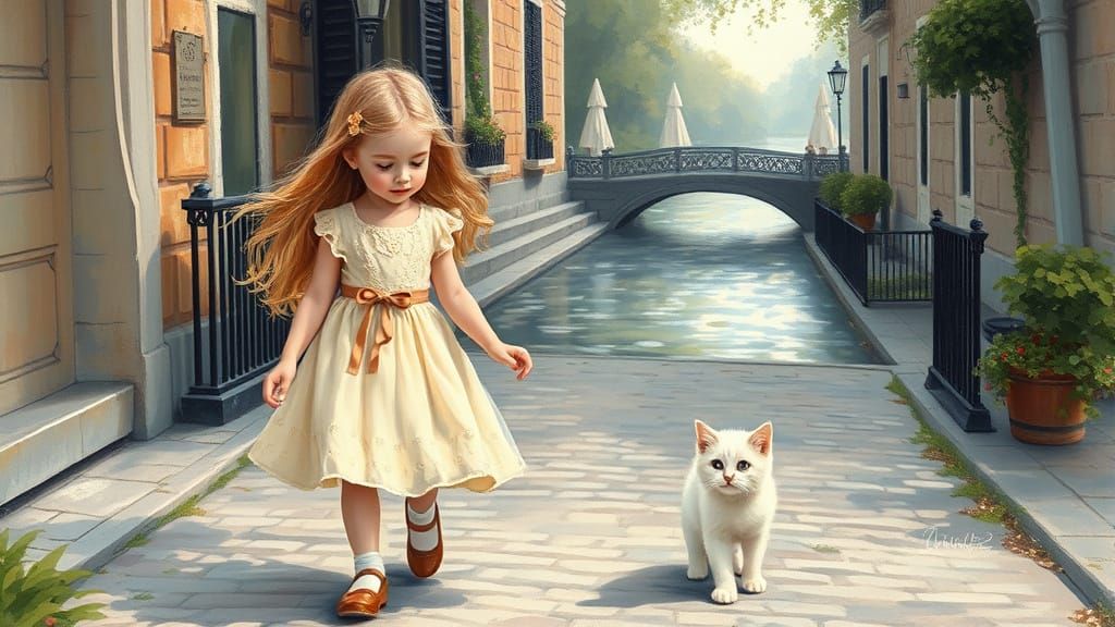 Girl and Kitten by River in Impressionist Style