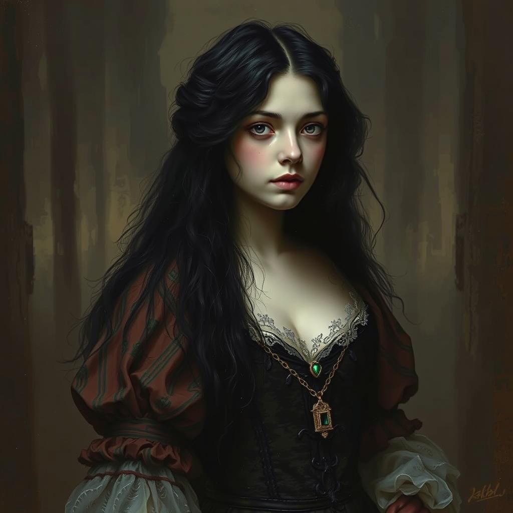 Woman in 17th Century Emerald Necklace, Gothic Horror Style